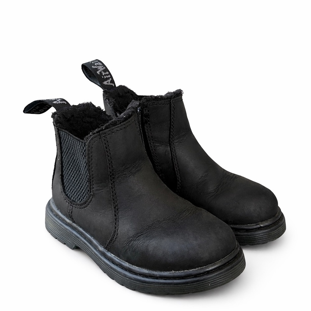 Dr. Martens Leonore Toddler Chelsea Boots Black Fur Lined Leather Kids Size 10